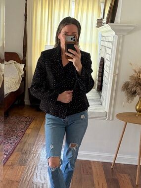 Tahari Black Tweed Cropped Double-Breasted Blazer with White Fleck